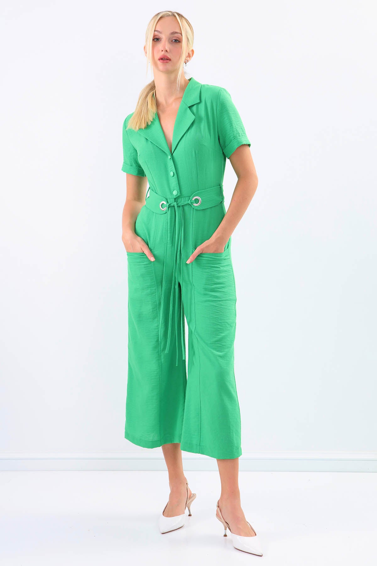 SHORT SLEEVE OVERALLS WITH BELT & DOUBLE POCKETS