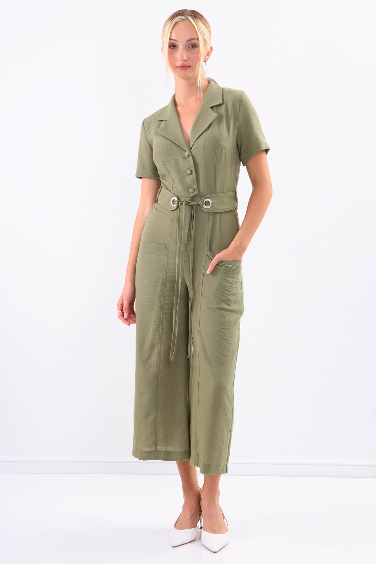 SHORT SLEEVE OVERALLS WITH BELT & DOUBLE POCKETS