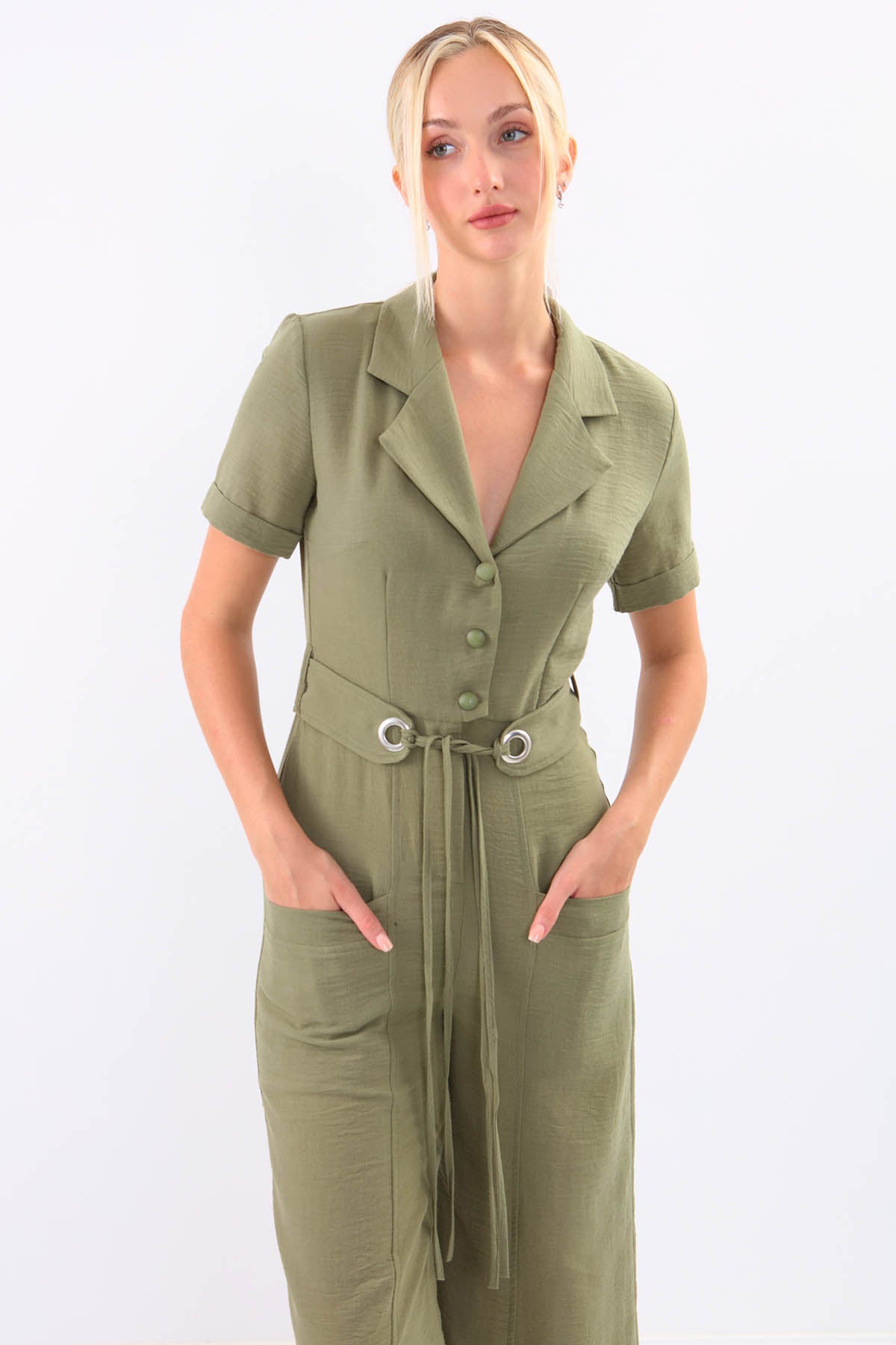 SHORT SLEEVE OVERALLS WITH BELT & DOUBLE POCKETS