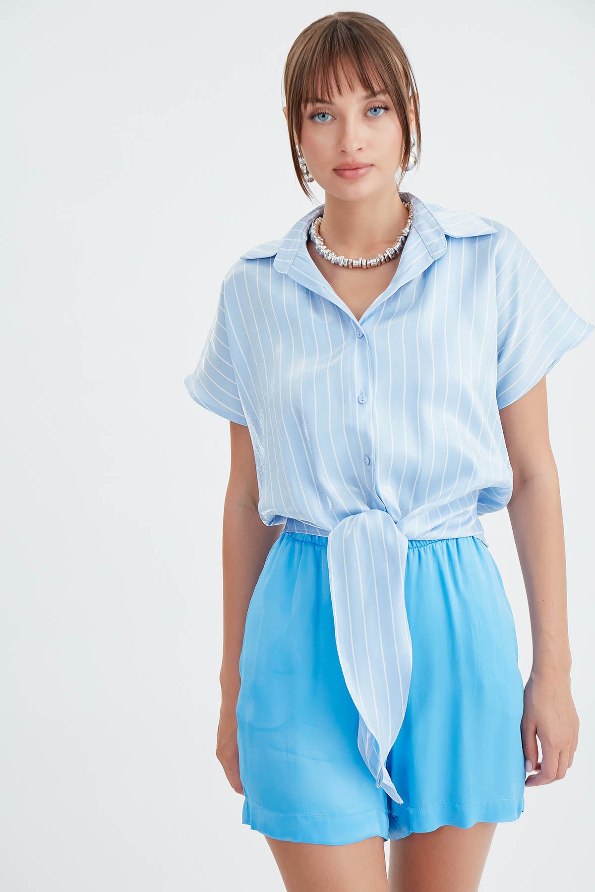 STRIPED GLOSSY SATIN FRONT LINKED SHIRT