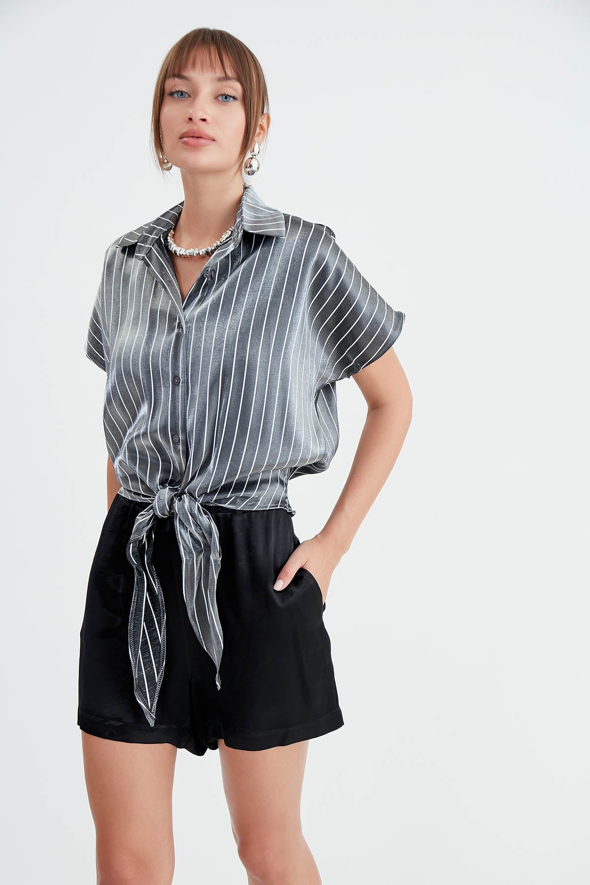 STRIPED GLOSSY SATIN FRONT LINKED SHIRT