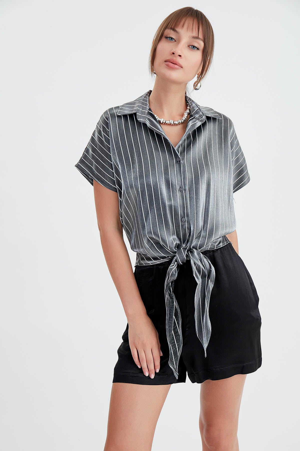 STRIPED GLOSSY SATIN FRONT LINKED SHIRT