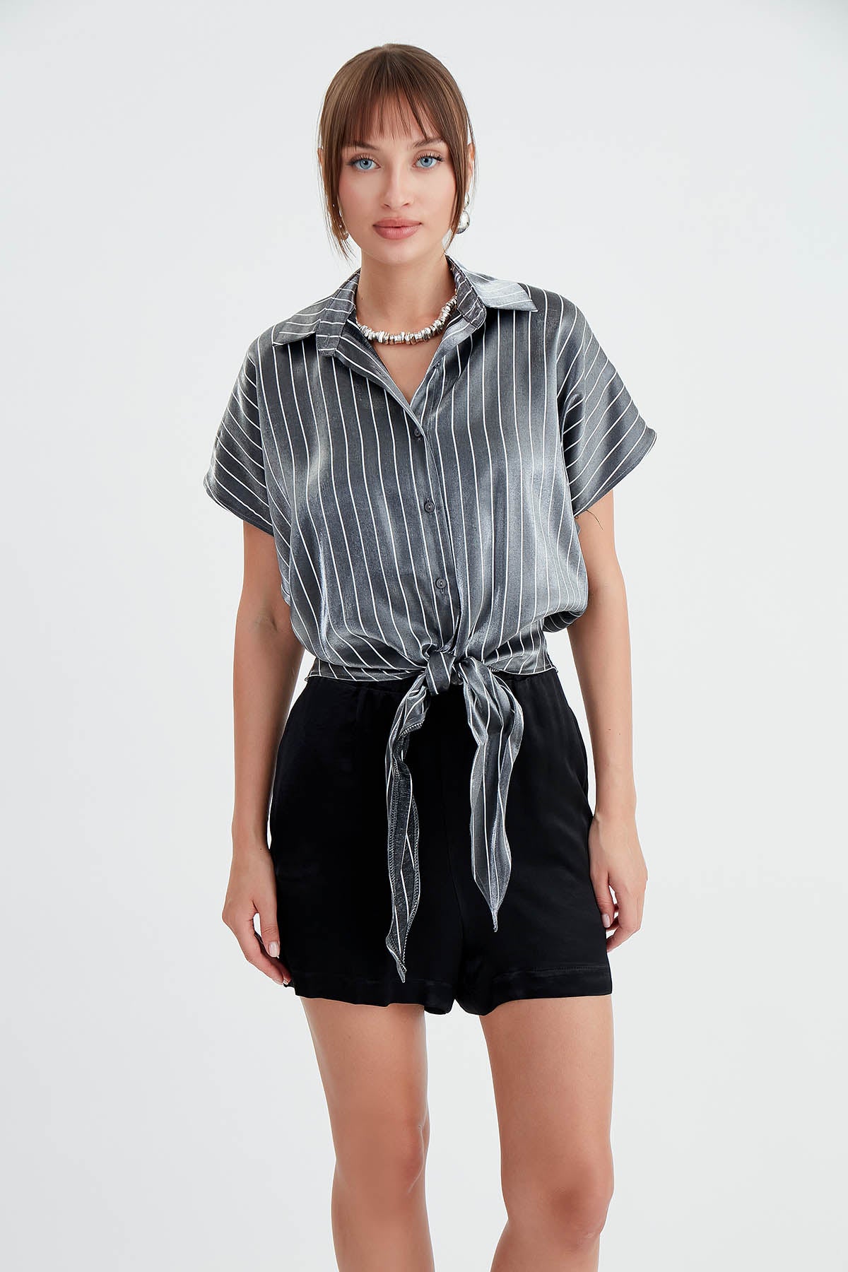 STRIPED GLOSSY SATIN FRONT LINKED SHIRT