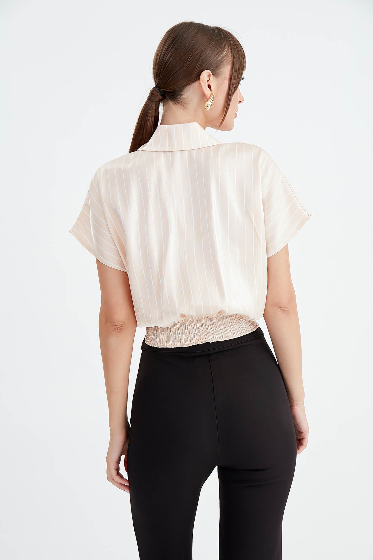 STRIPED GLOSSY SATIN FRONT LINKED SHIRT