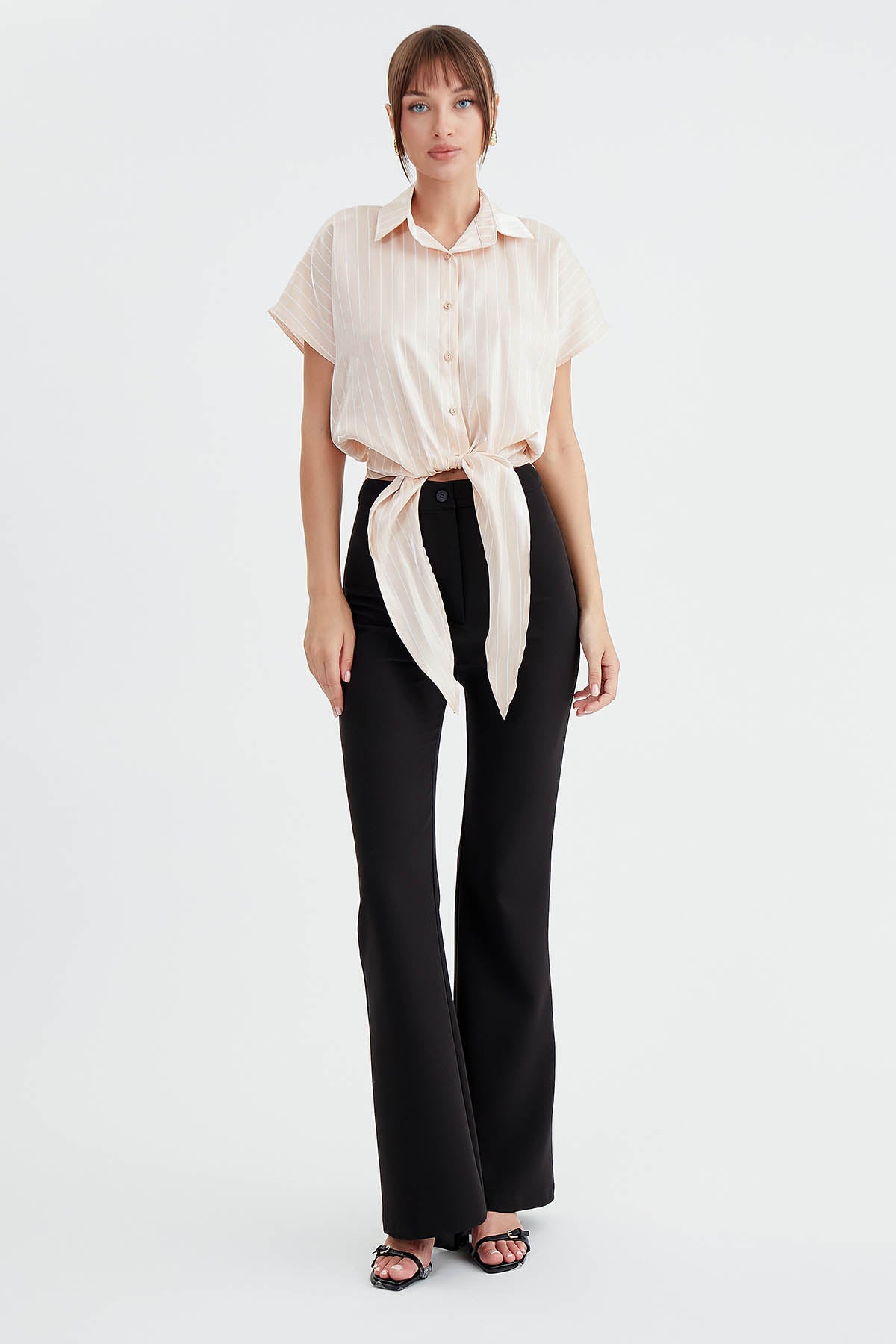 STRIPED GLOSSY SATIN FRONT LINKED SHIRT