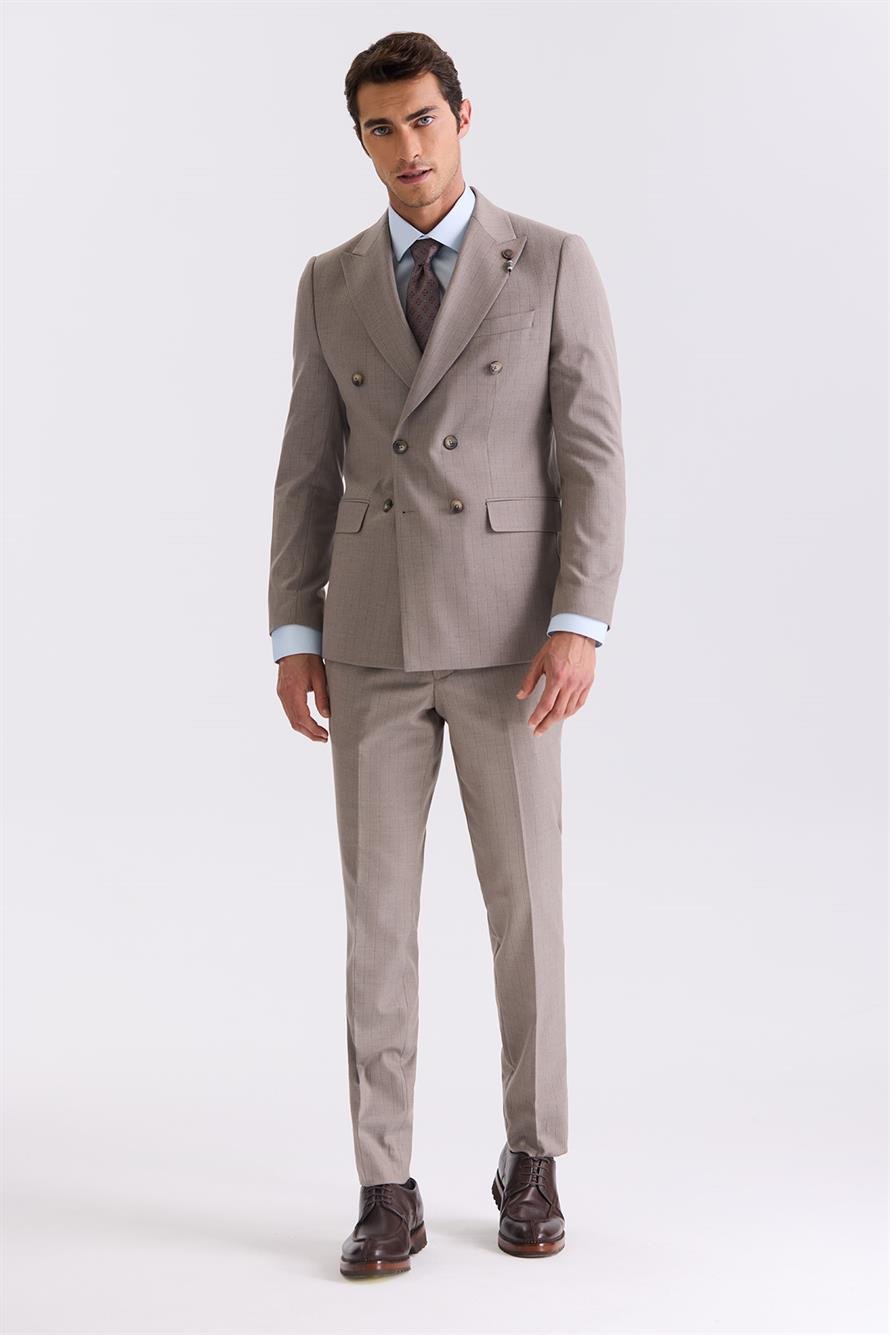 Beige Slim Fit Sharp Collar Striped Double Breasted Suit