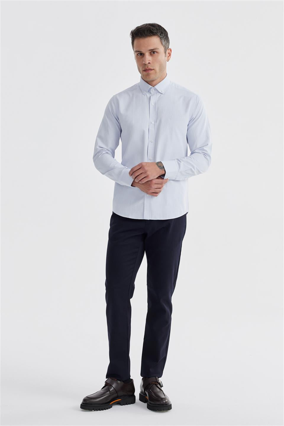 Blue Slim Fit Patterned Cotton Buttoned Collar Shirt