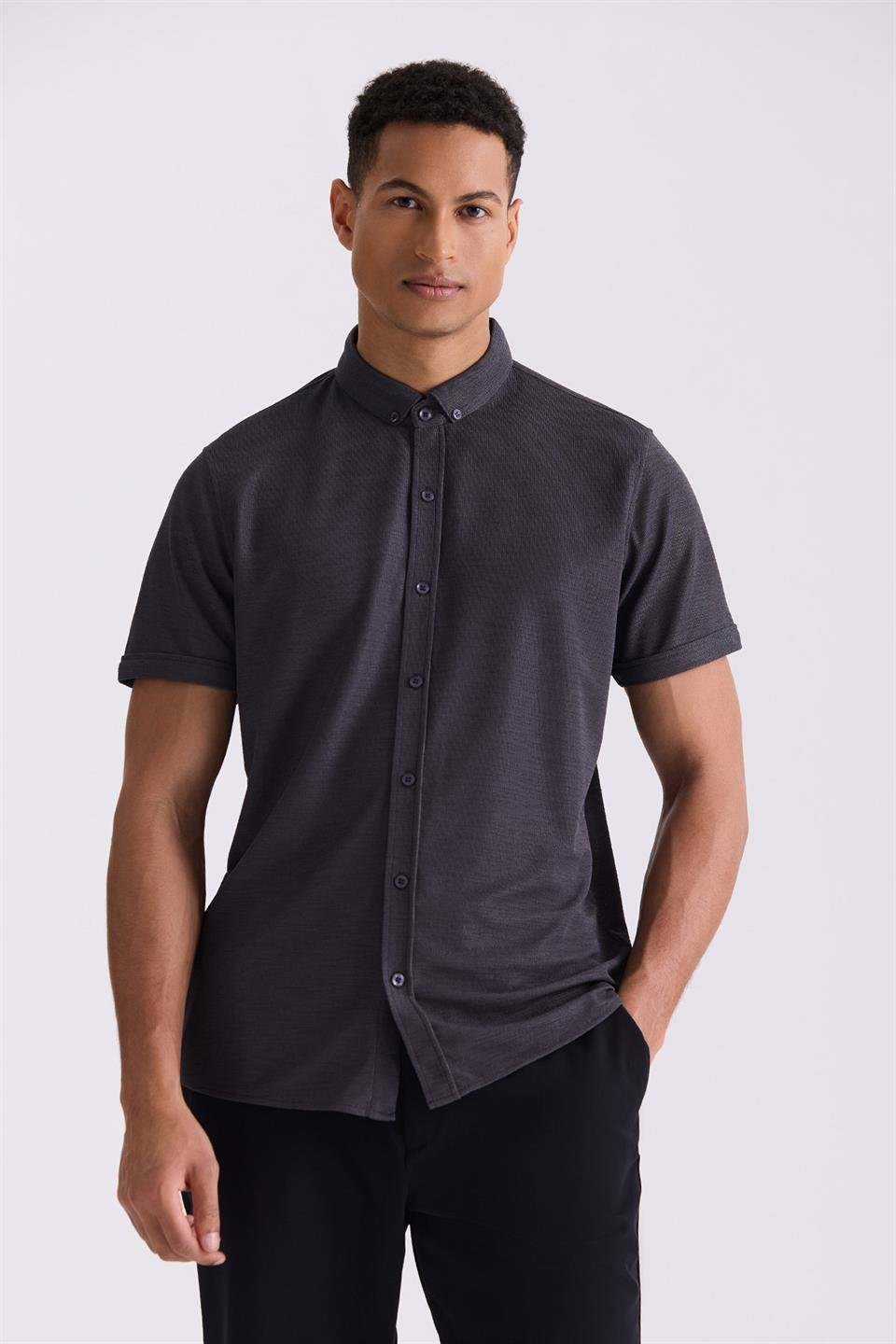 Anthracite Slim Fit Shirt Collar T Shirt With Buttons