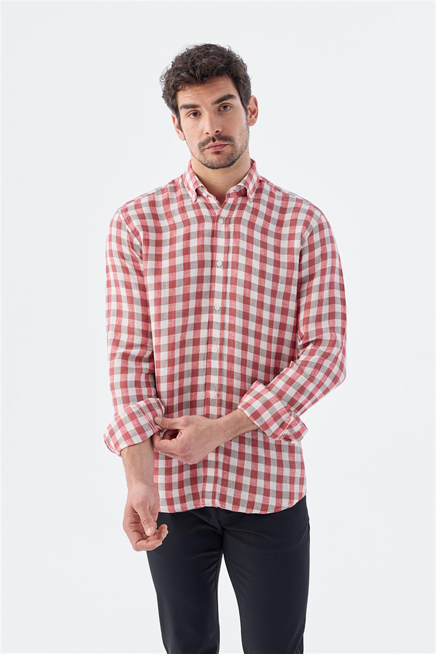 Red Comfort Fit Kareli 100% Linen Shirt