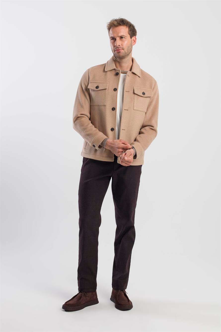 Tan Comfort Fit Baby Collar Wool Jacket.