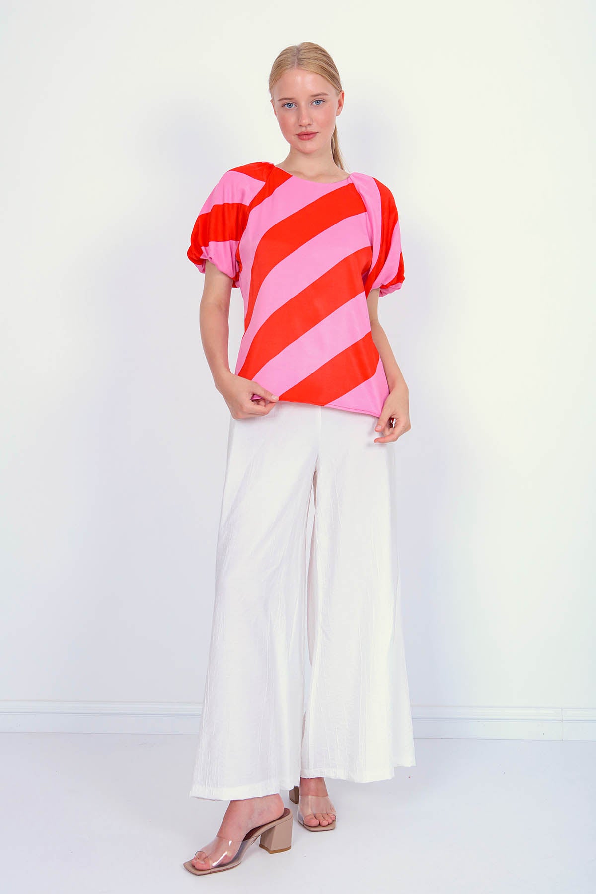 THICK DIAGONAL LINE PATTERNED LOOSE SLEEVE BLOUSE