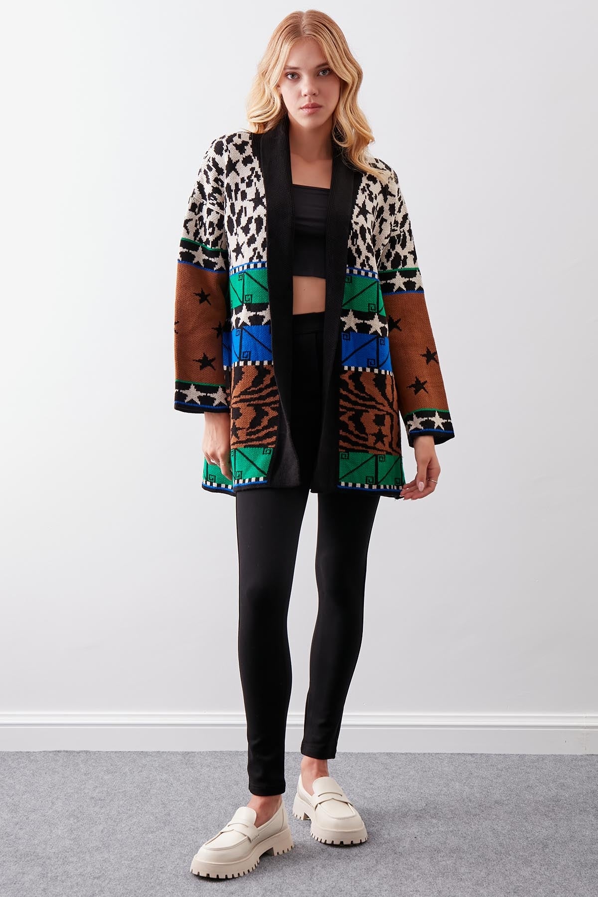 MULTI PATTERNED SHAWL COLLAR BELT KNITTED CARDIGAN