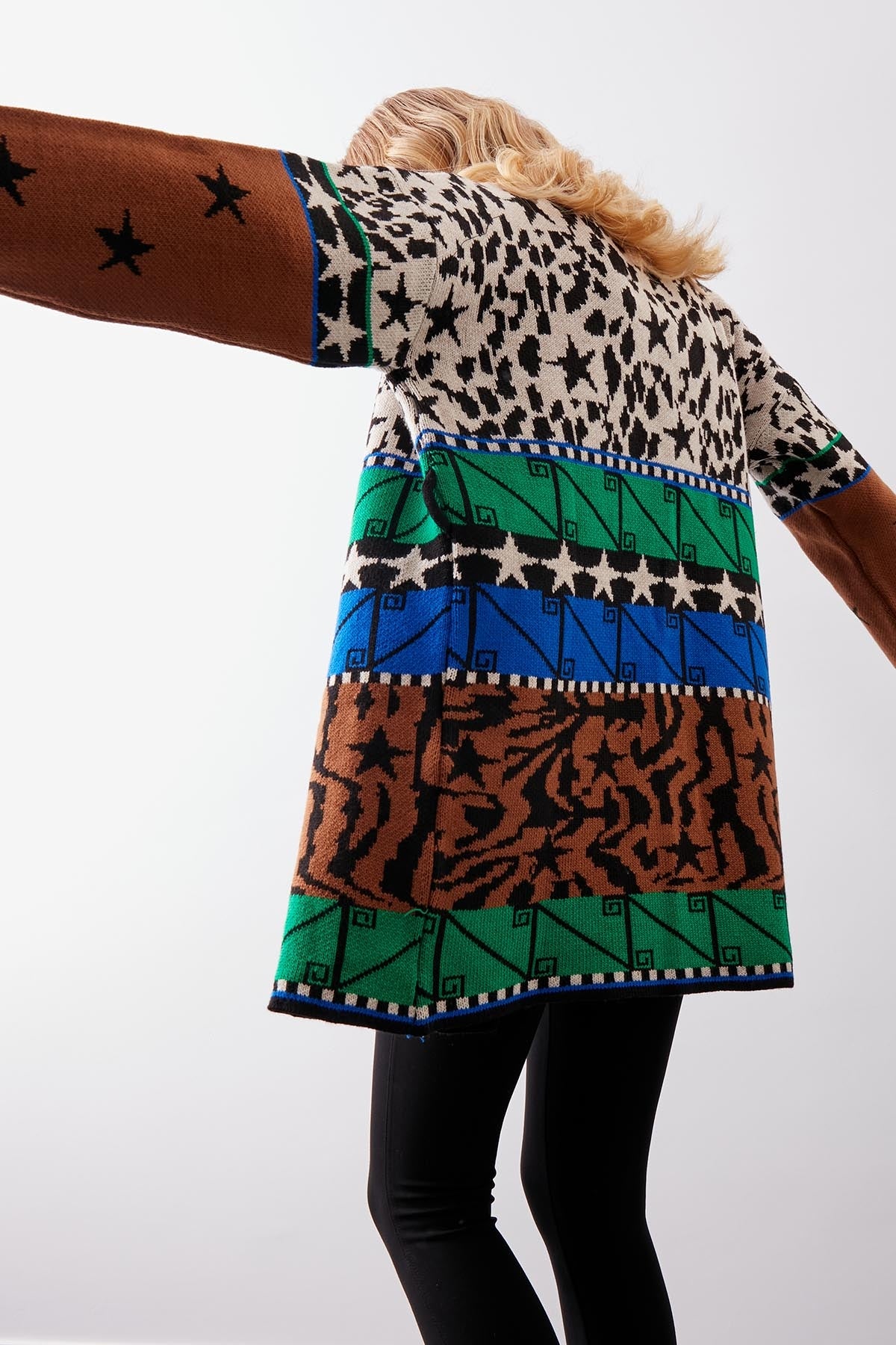 MULTI PATTERNED SHAWL COLLAR BELT KNITTED CARDIGAN