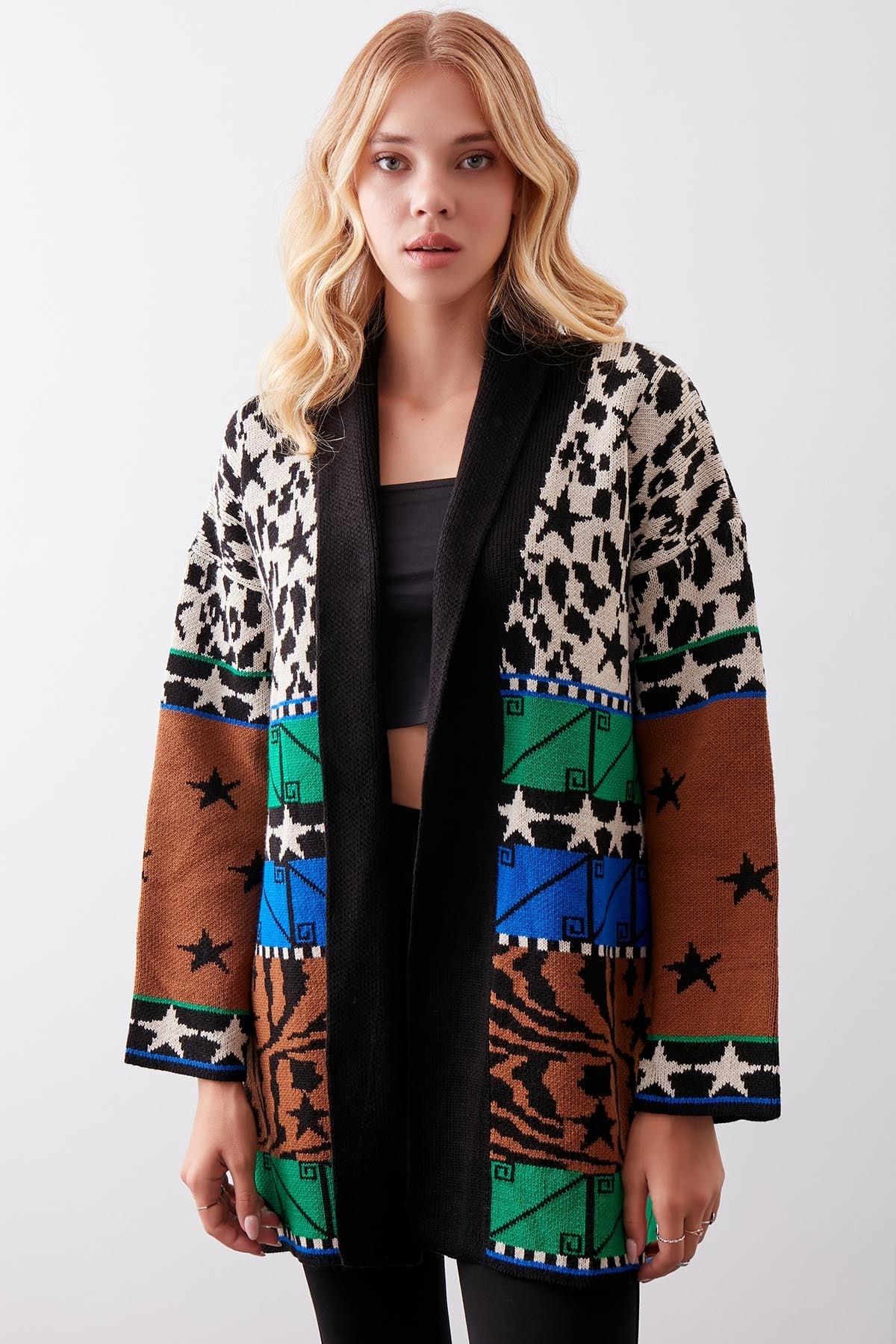 MULTI PATTERNED SHAWL COLLAR BELT KNITTED CARDIGAN