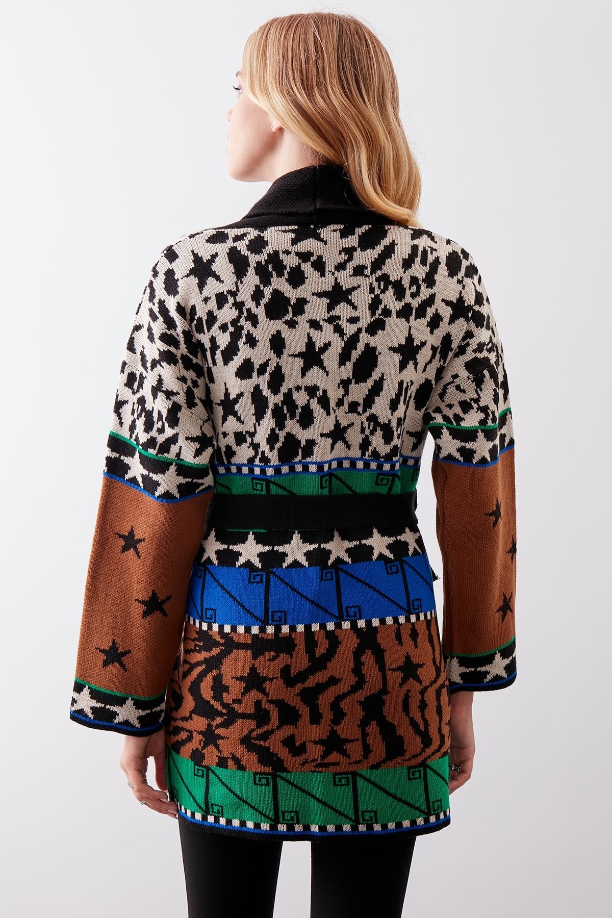 MULTI PATTERNED SHAWL COLLAR BELT KNITTED CARDIGAN
