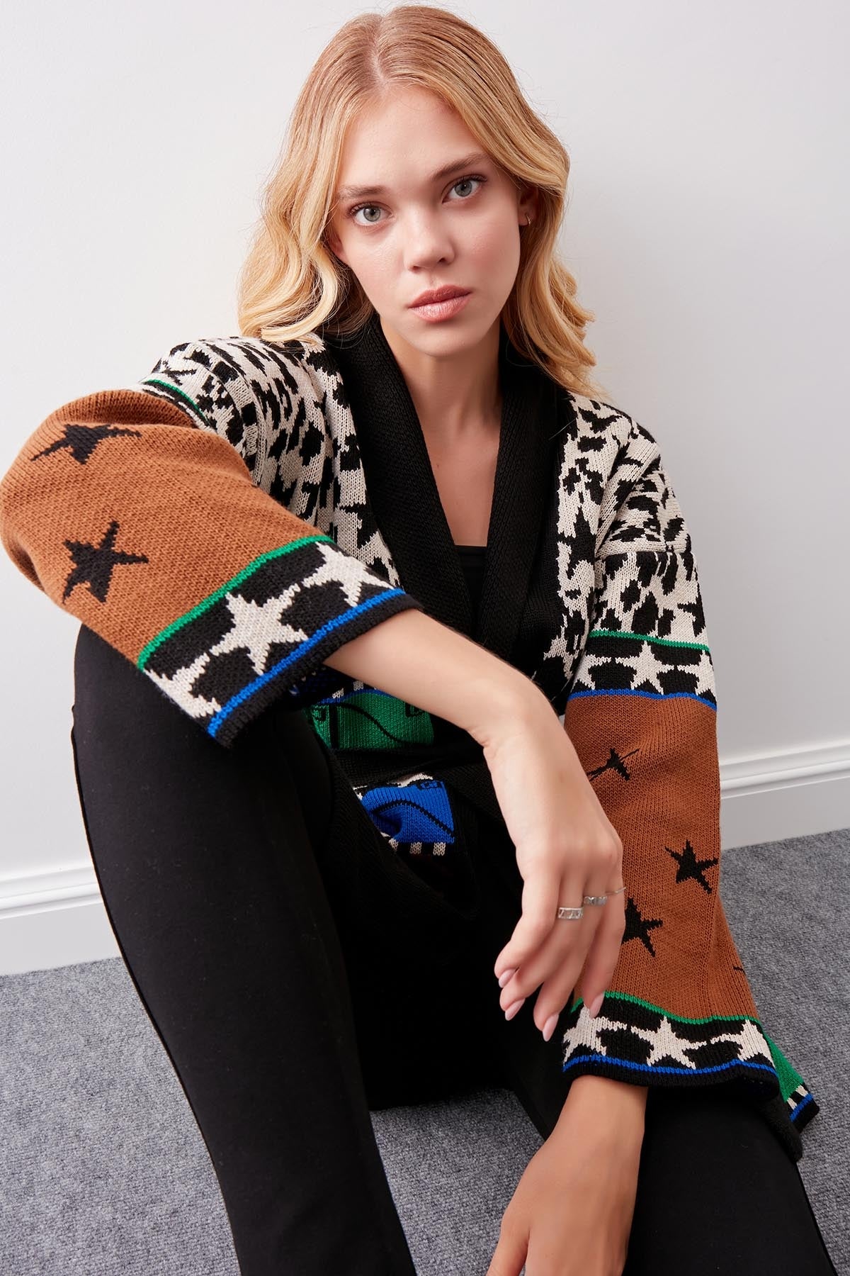 MULTI PATTERNED SHAWL COLLAR BELT KNITTED CARDIGAN
