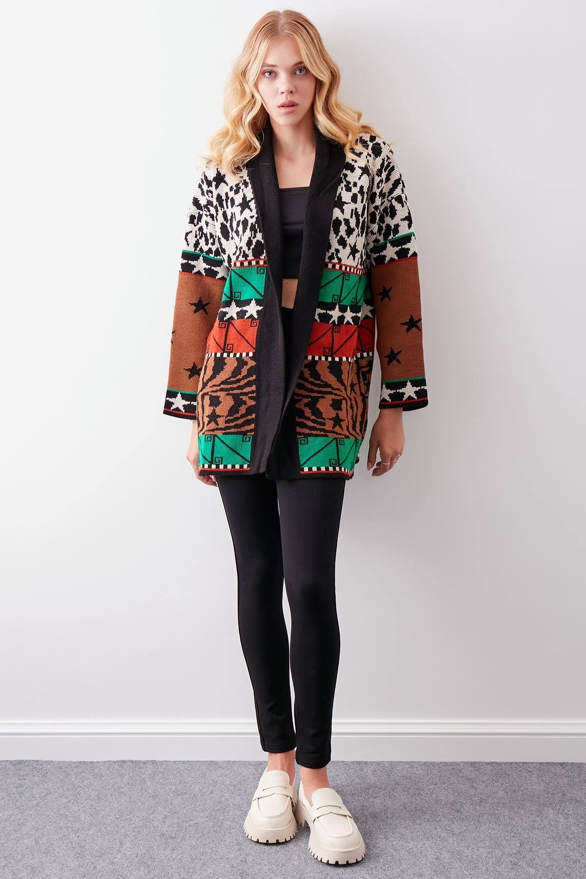 MULTI PATTERNED SHAWL COLLAR BELT KNITTED CARDIGAN