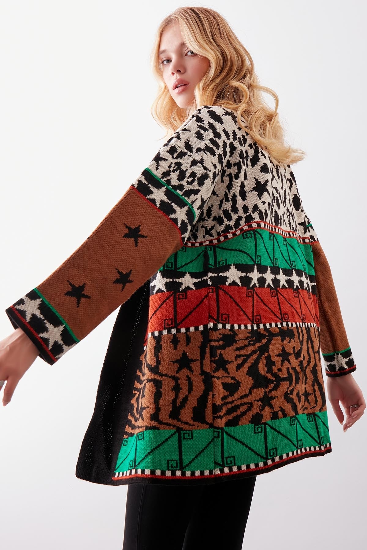 MULTI PATTERNED SHAWL COLLAR BELT KNITTED CARDIGAN