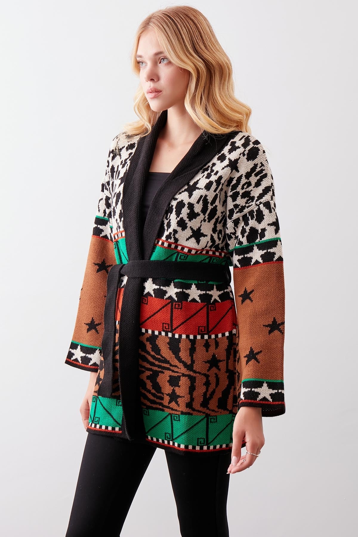 MULTI PATTERNED SHAWL COLLAR BELT KNITTED CARDIGAN