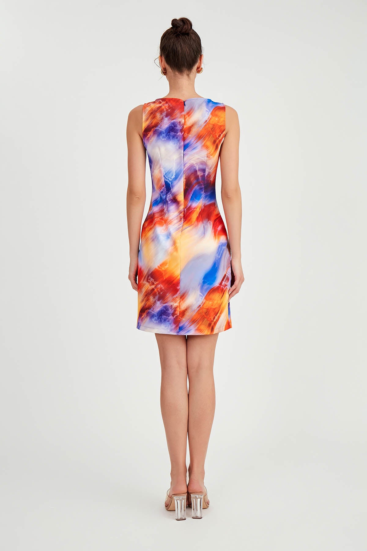 ABSTRACT PATTERNED MULTICOLOR SLEEVELESS DRESS
