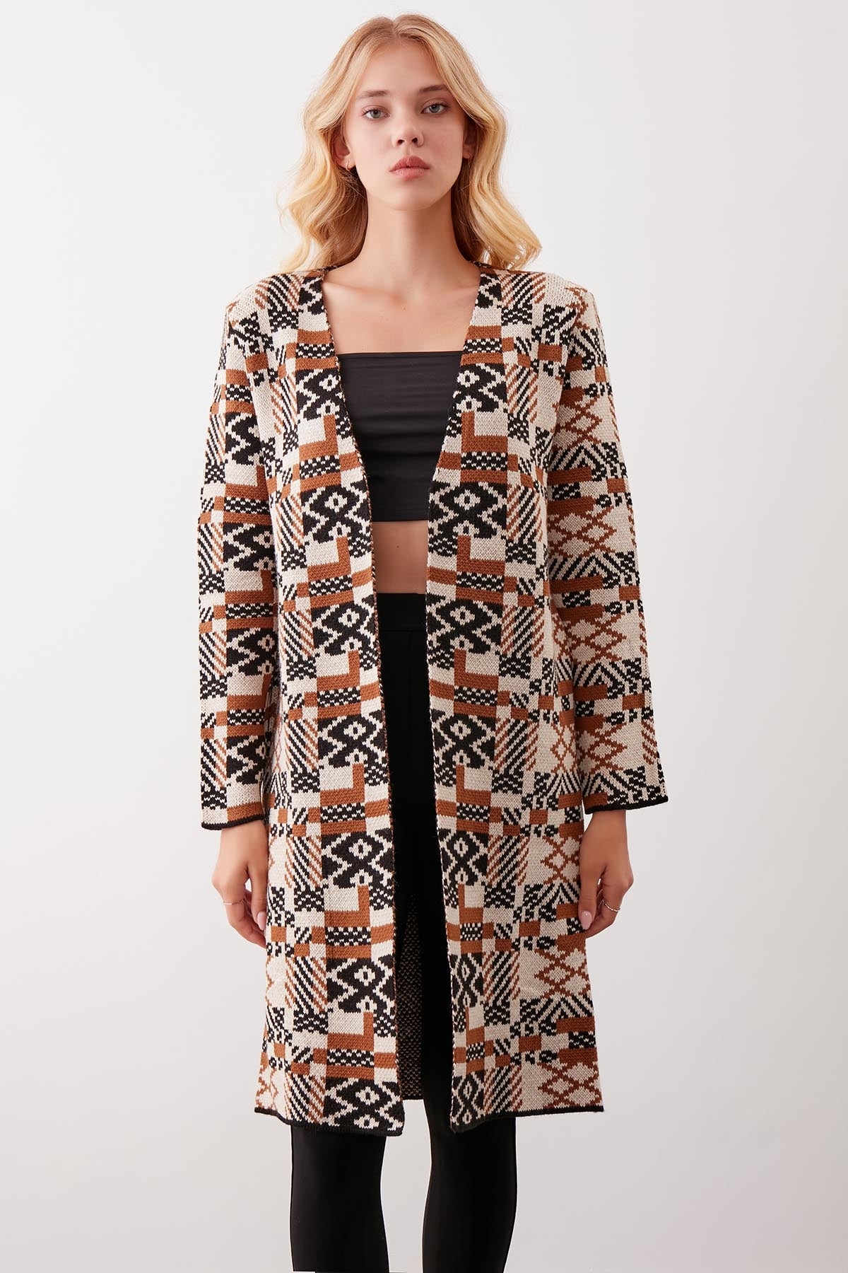LONG KNITTED CARDIGAN WITH ABSTRACT PATTERN