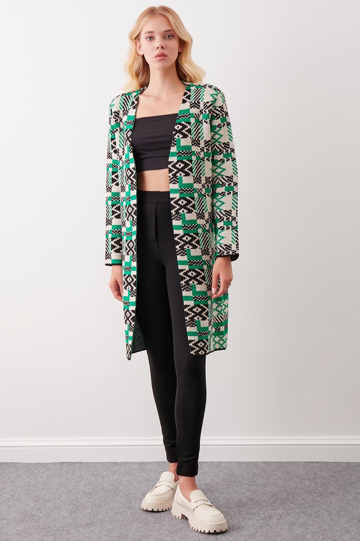 LONG KNITTED CARDIGAN WITH ABSTRACT PATTERN