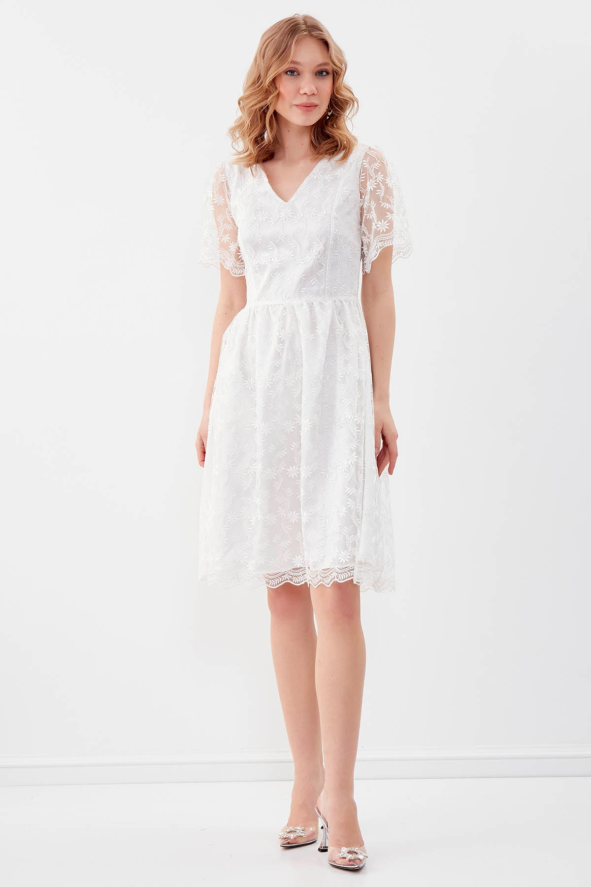 TRANSPARENT PATTERNED V COLLAR DRESS