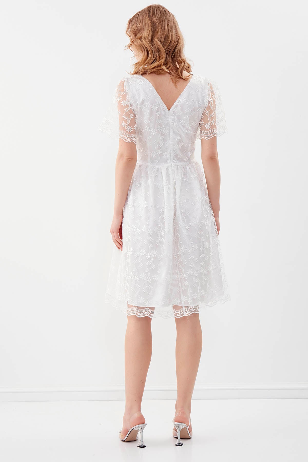 TRANSPARENT PATTERNED V COLLAR DRESS