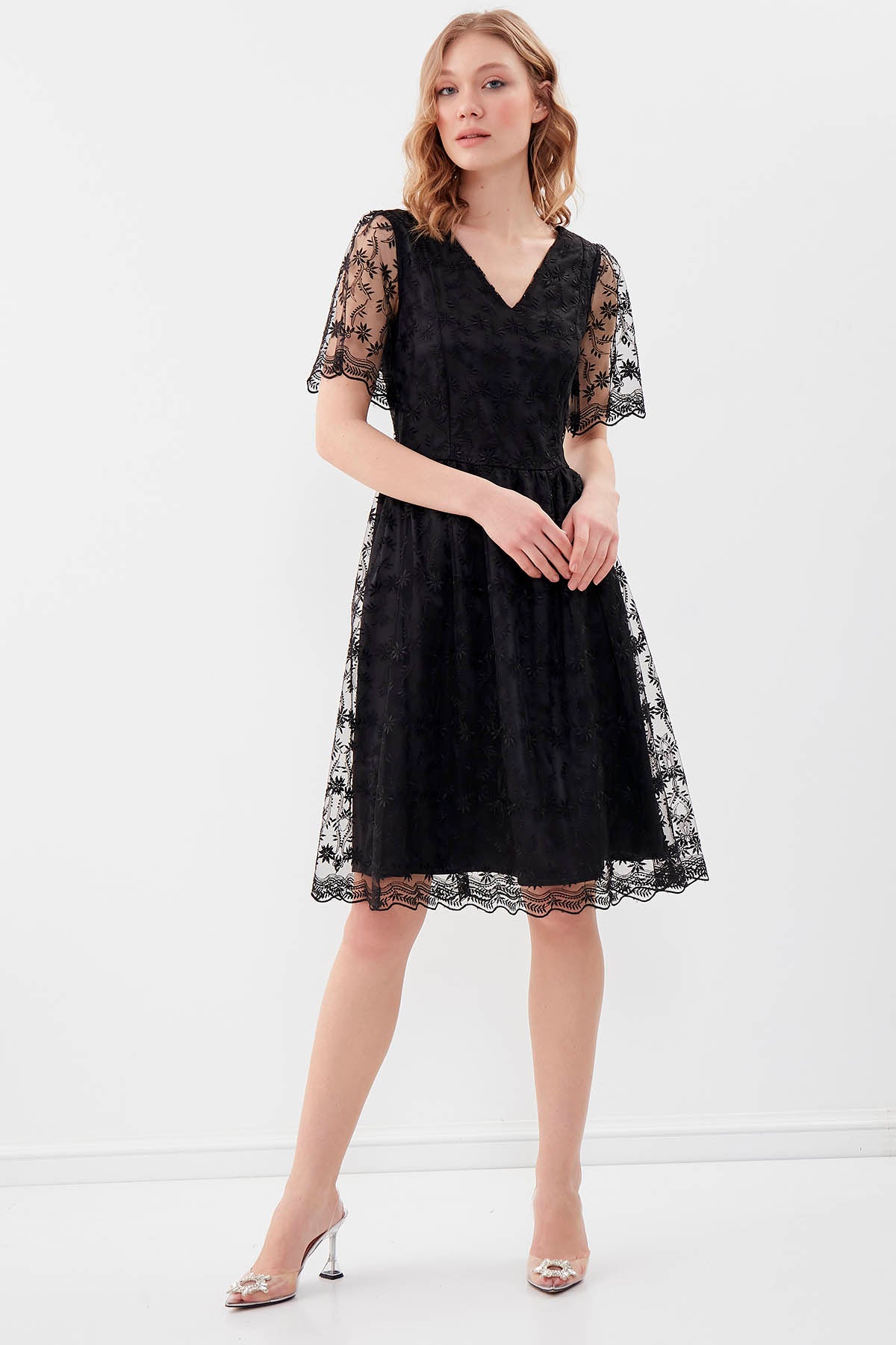 TRANSPARENT PATTERNED V COLLAR DRESS