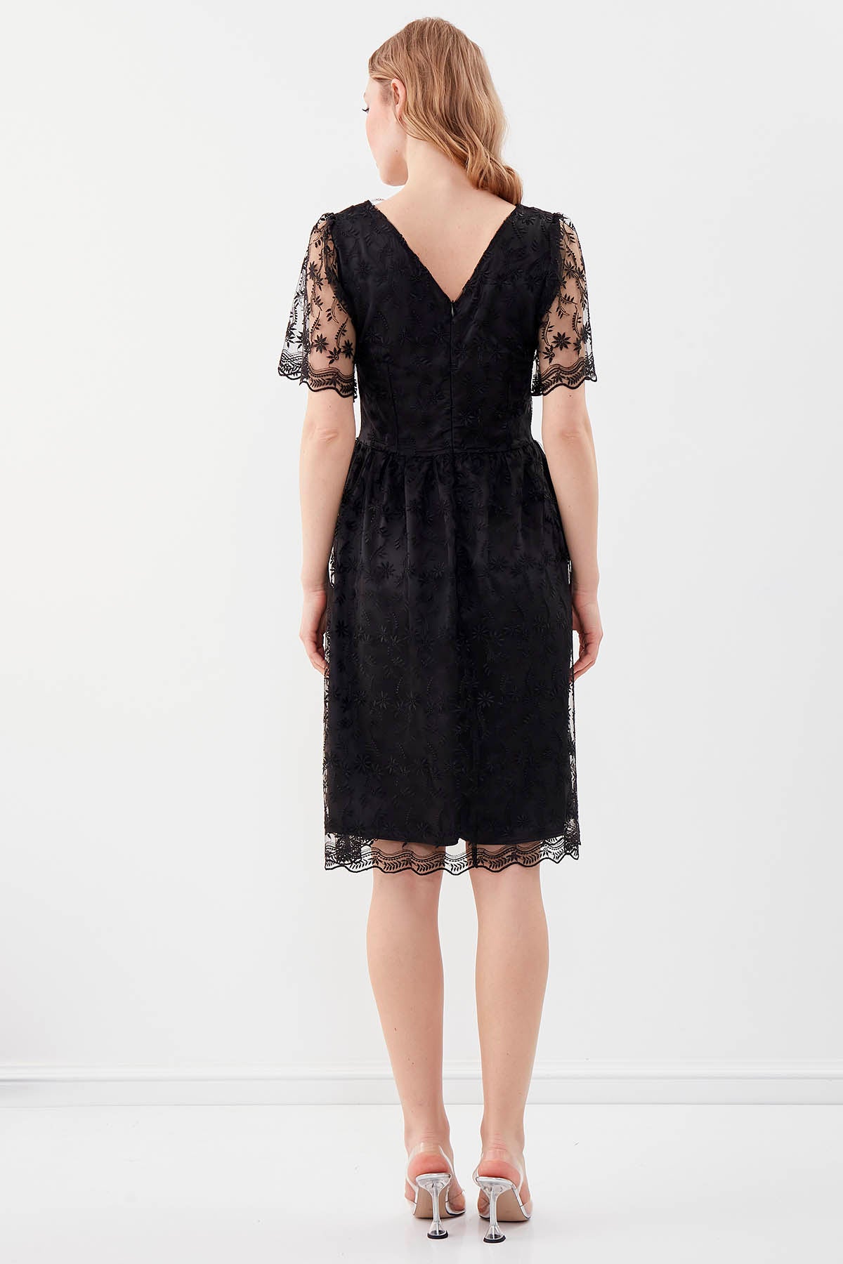 TRANSPARENT PATTERNED V COLLAR DRESS