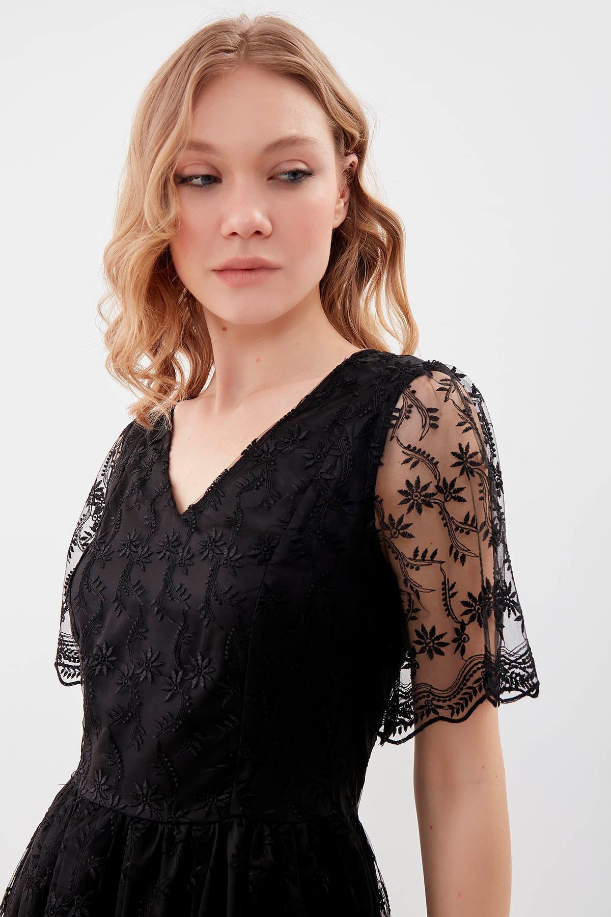 TRANSPARENT PATTERNED V COLLAR DRESS