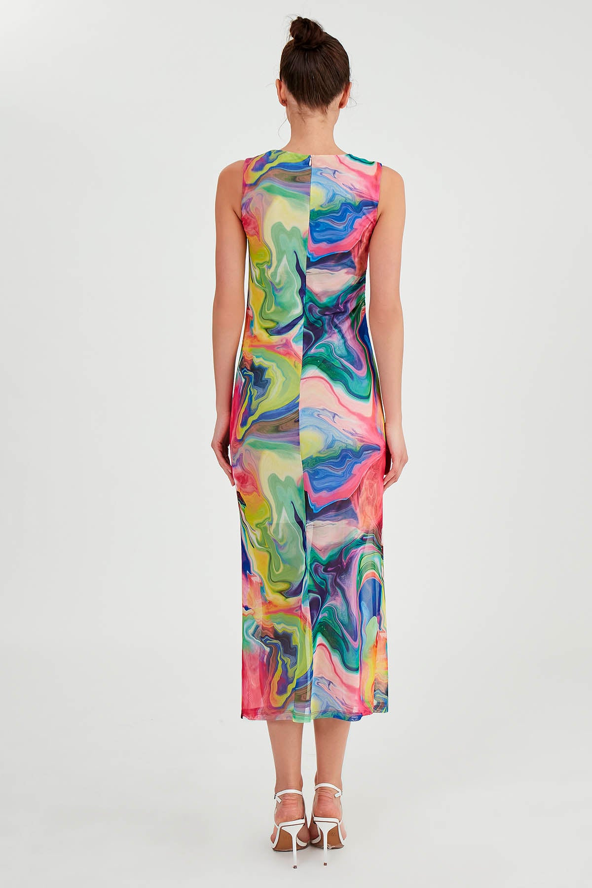 COLORFUL PATTERNED SIDE RUCKLED LONG DRESS