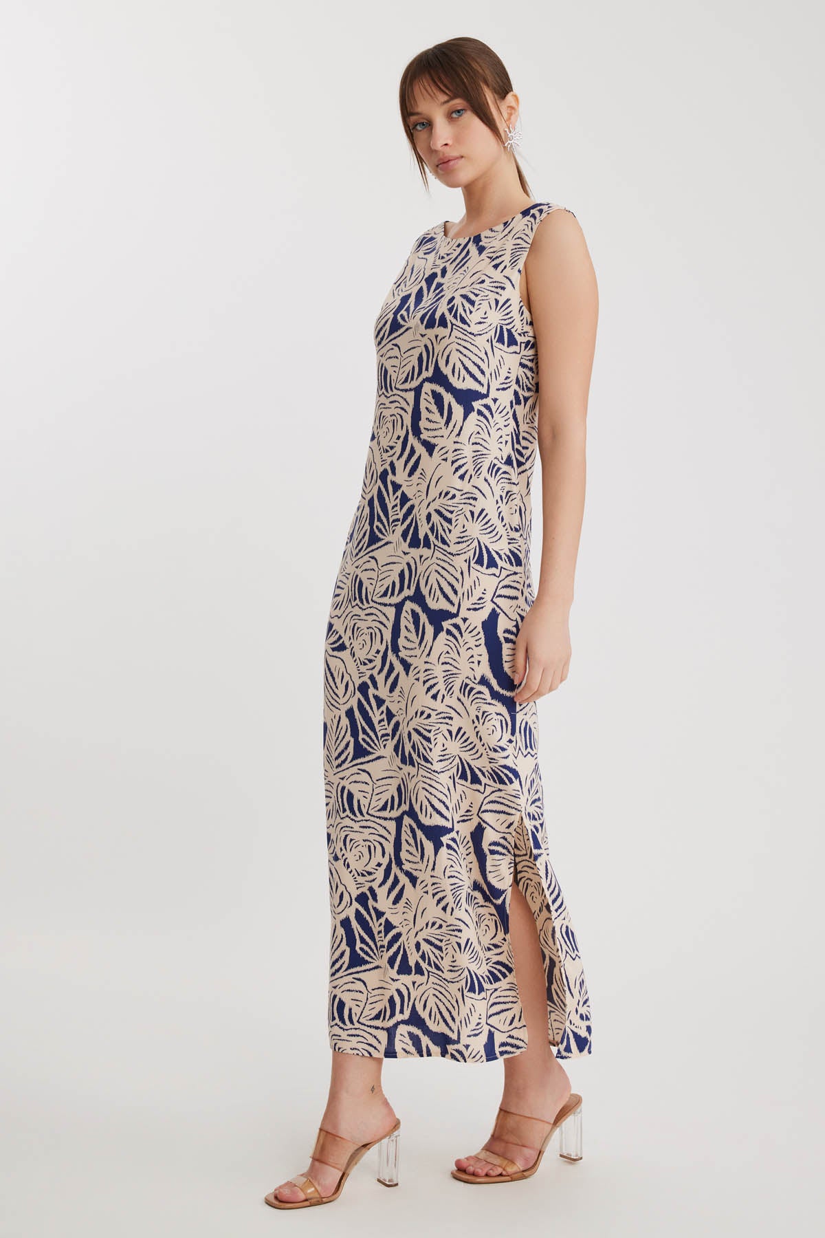 CLASSIC PATTERNED SIDE LONG DRESS WITH SPLIT
