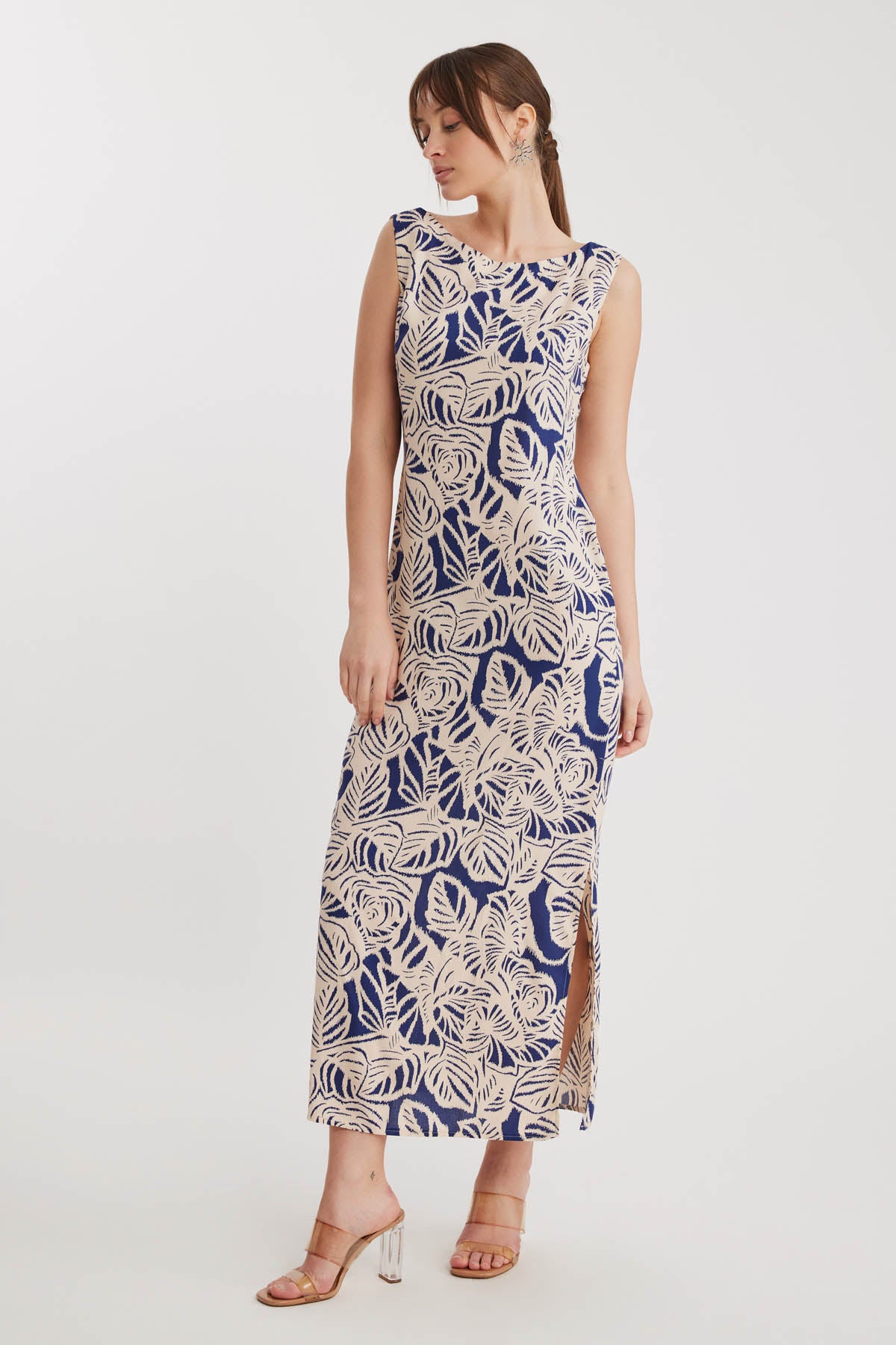 CLASSIC PATTERNED SIDE LONG DRESS WITH SPLIT