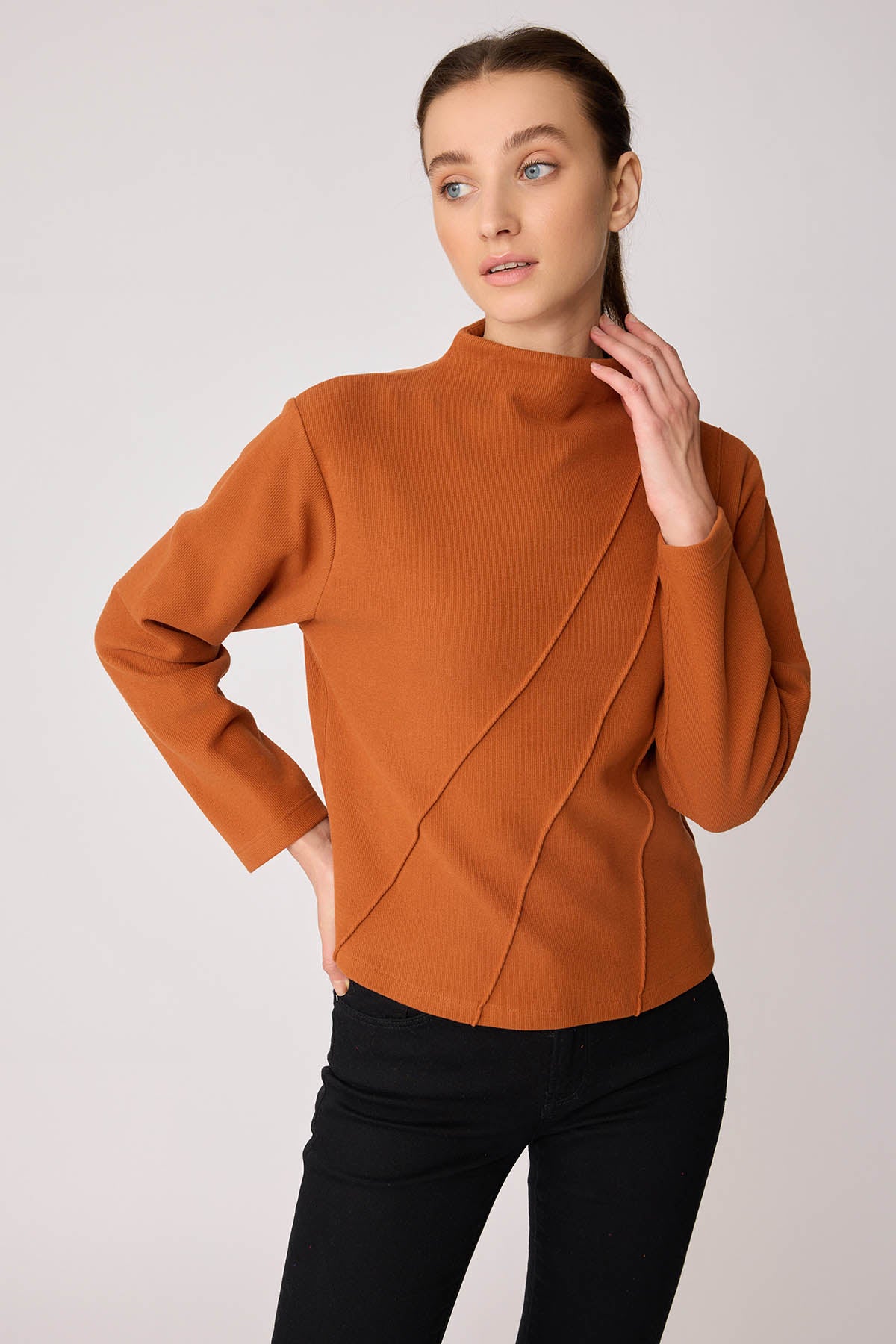 STEEP COLLAR FRONT-STITCHED BACK-ZIPPED BLOUSE