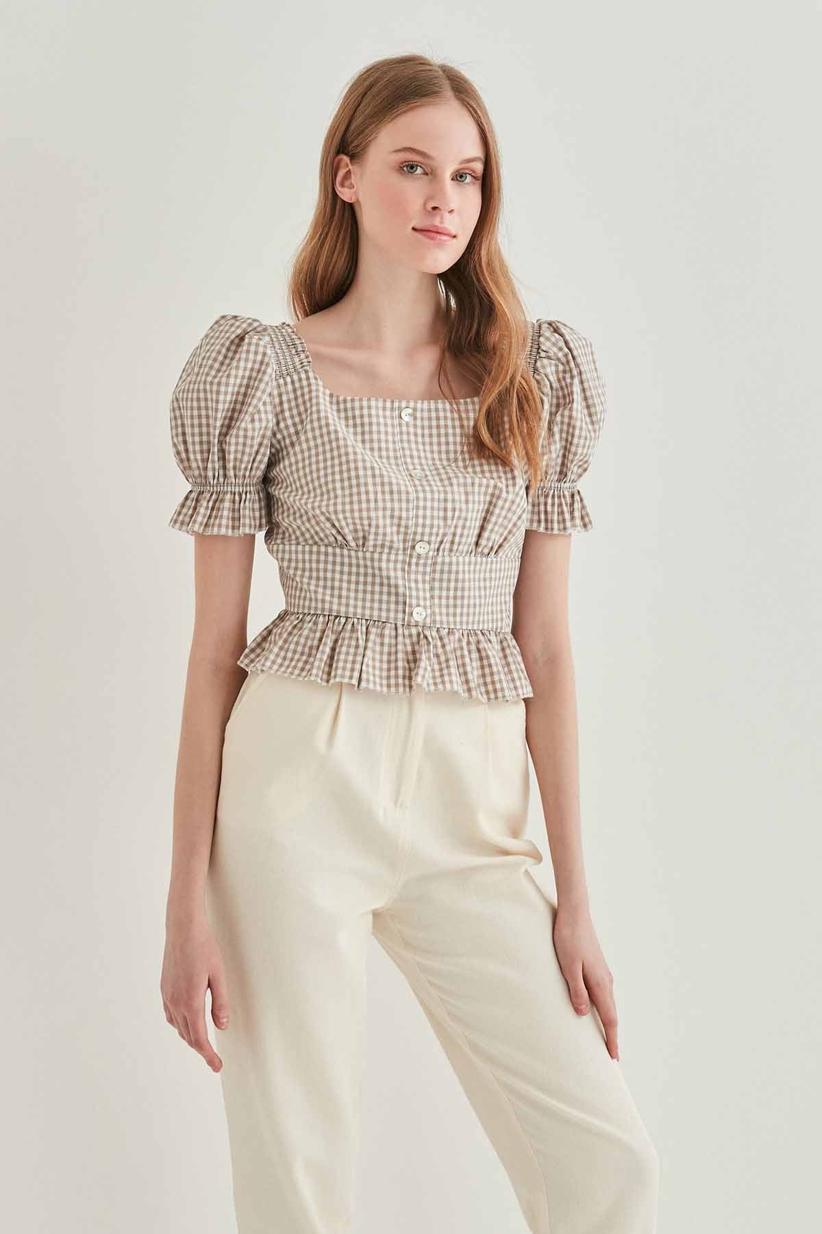 BUTTON DETAILED CHECKERED BLOUSE