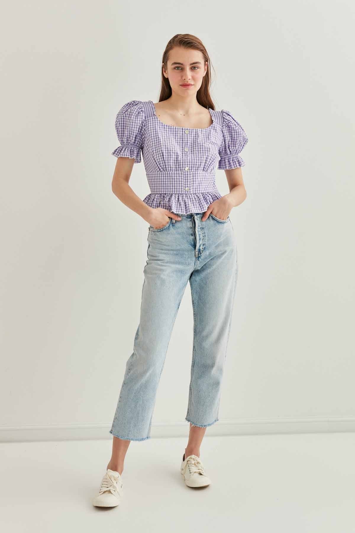 BUTTON DETAILED CHECKERED BLOUSE