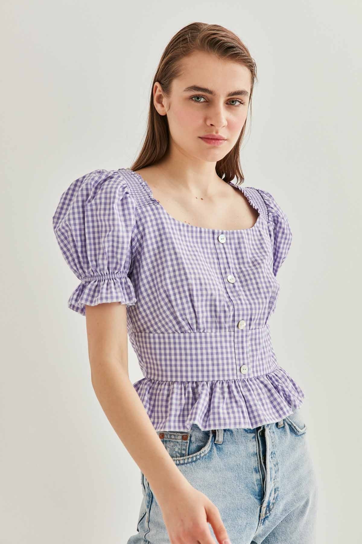 BUTTON DETAILED CHECKERED BLOUSE