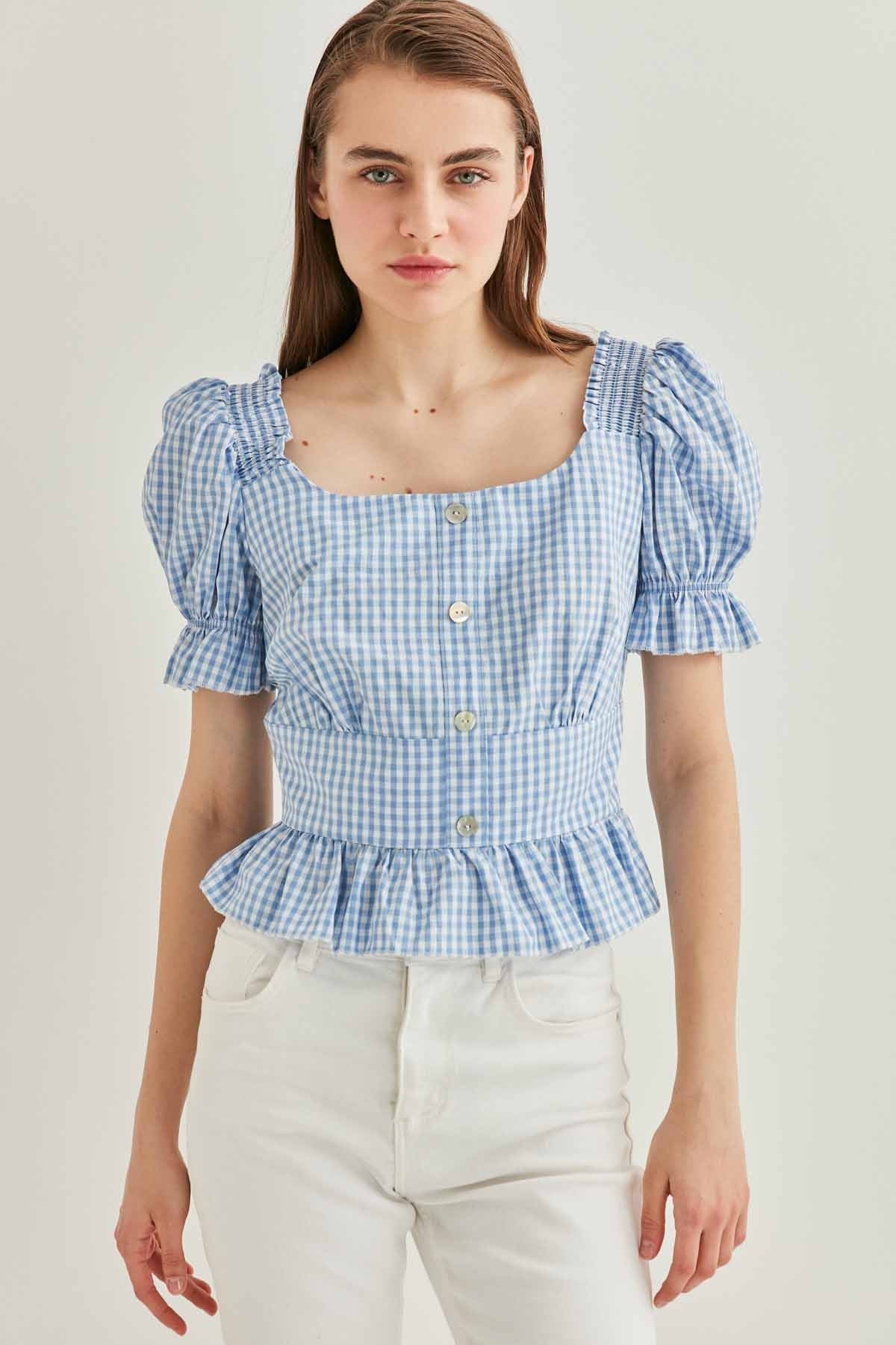 BUTTON DETAILED CHECKERED BLOUSE