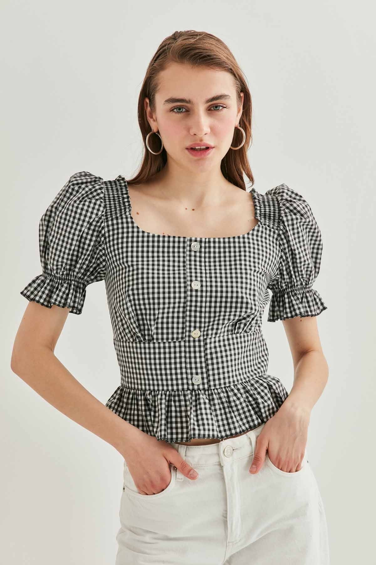 BUTTON DETAILED CHECKERED BLOUSE