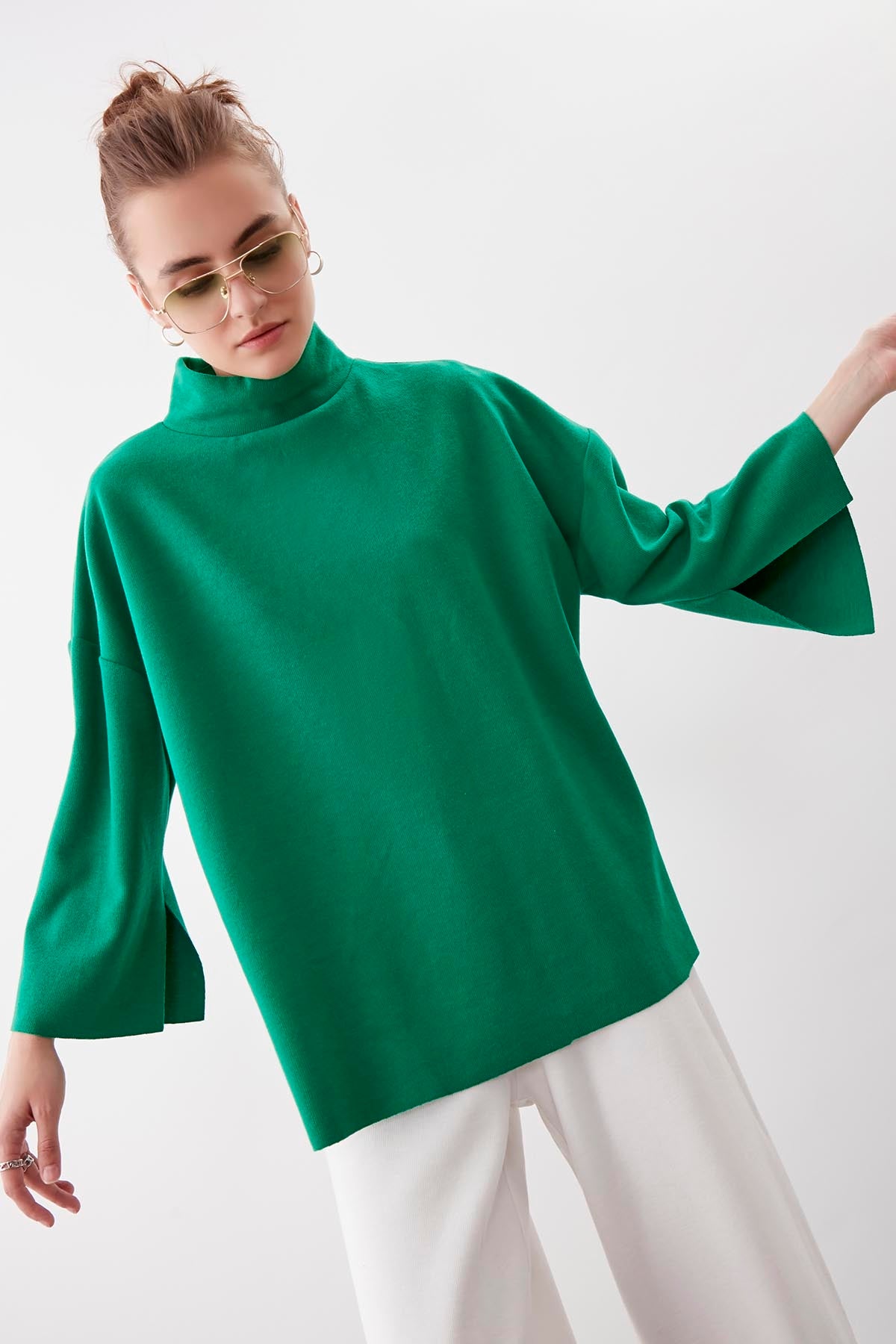 LOW SLEEVE SIDE SPLIT KNITTED COMFY BLOUSE