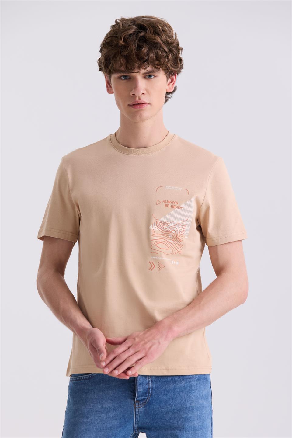 Beige Slim Fit Round Collar T Shirt