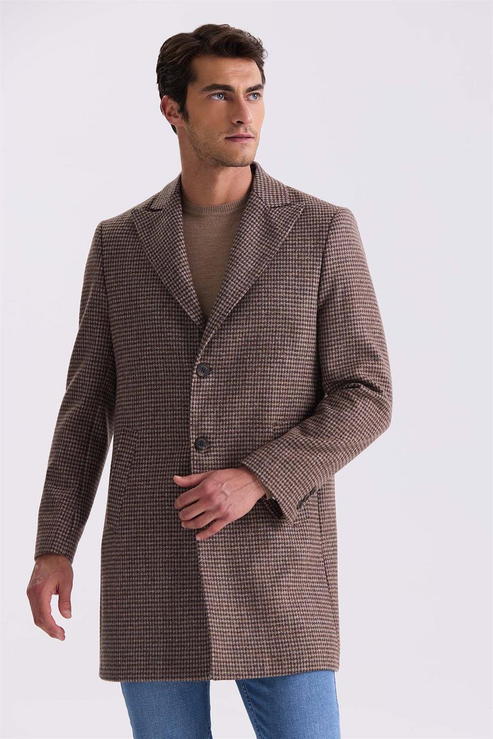 Coffee Comfort Fit Sharp Collar Brown Patterned Wool Collar Jacket
