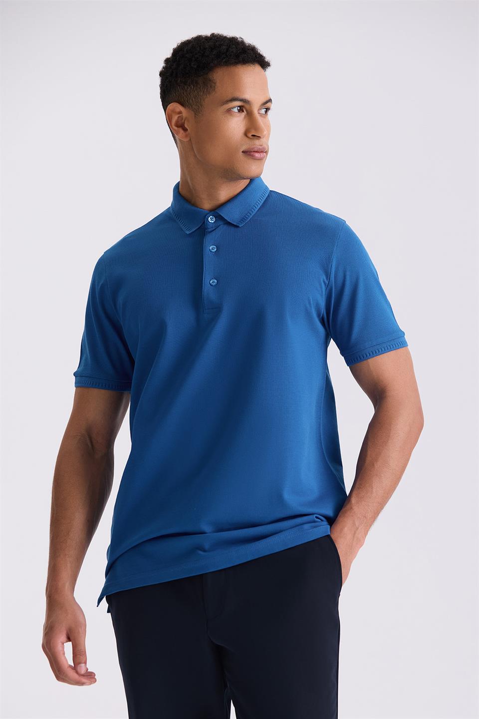 Blue Slim Fit 100% Cotton Mercerize Polo Collar T Shirt