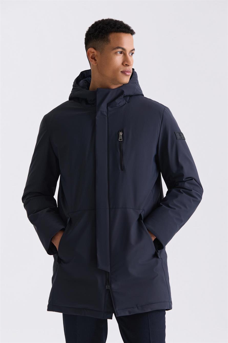Navy Comfort Fit Hooded Concealed Zippered Winter Jacket
