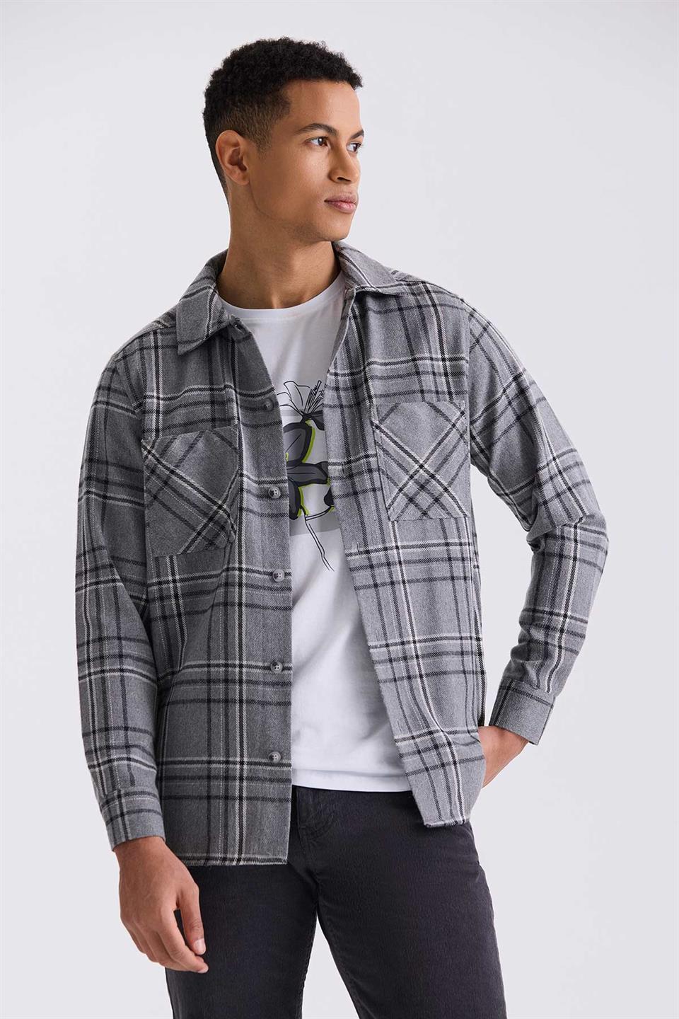 Anthracite Over Size Full Cut Plaid Patterned Cotton Pocketed Lumberjack Shirt