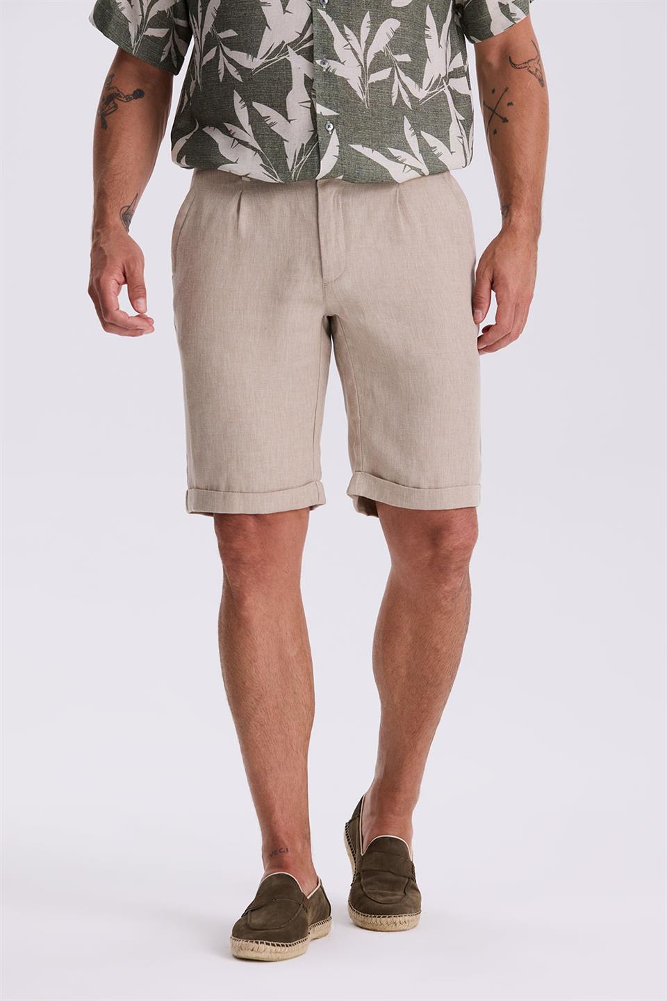 Beige Comfort Fit Linen Comfy Cut With Double Sleeve Shorts
