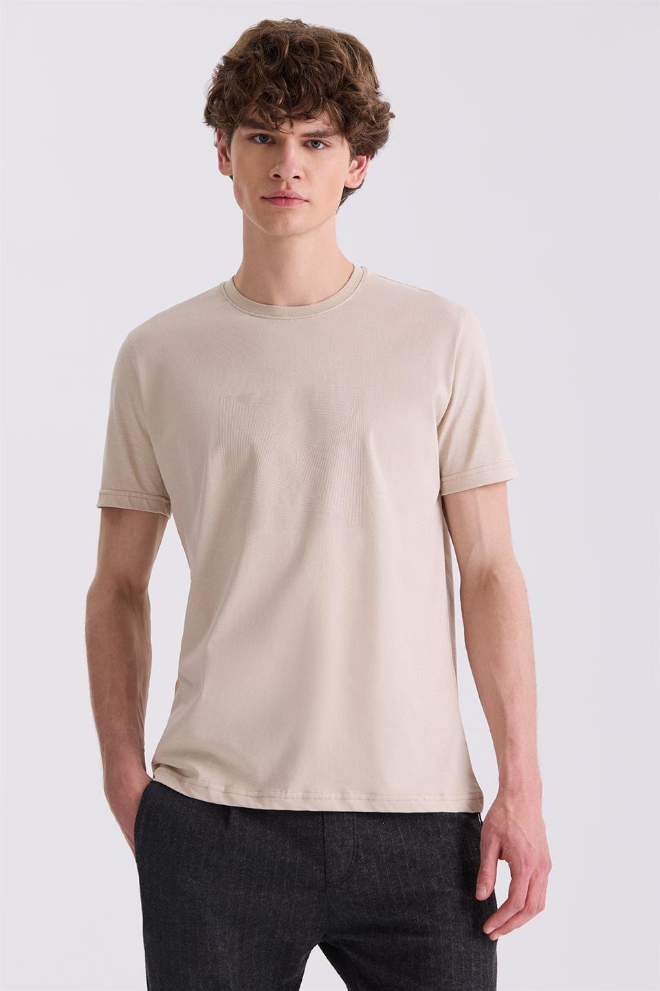 Beige Slim Fit Round Collar T Shirt.