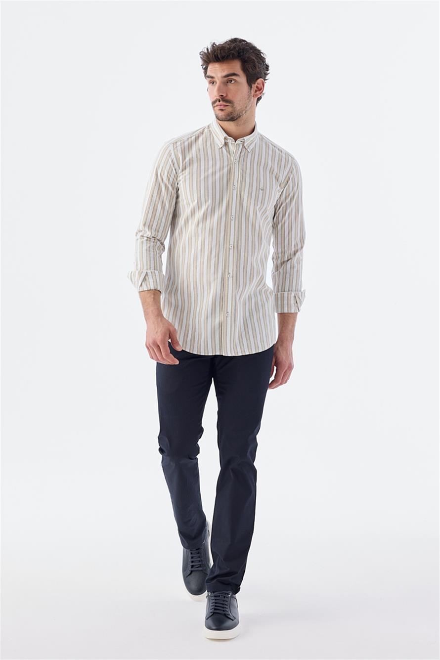 Mink Comfort Fit Buttoned Collar Striped Cotton Shirt