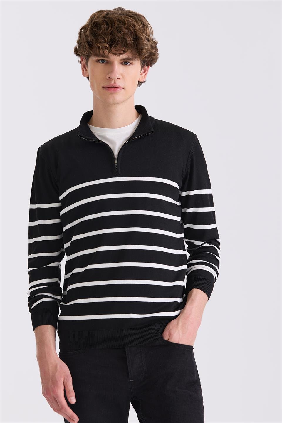 Black Slim Fit Half Sailor Knitted Sweater